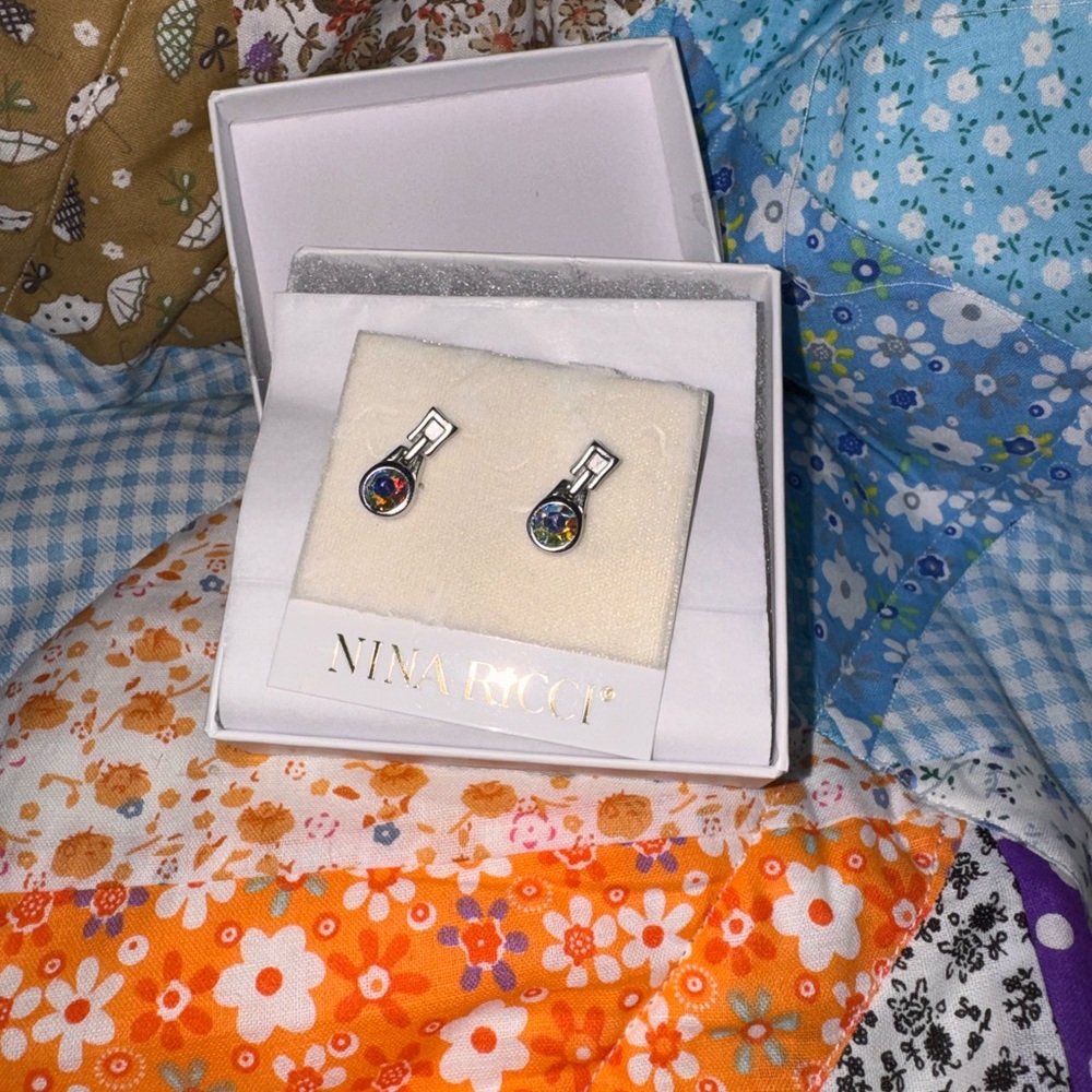 Nina Ricci Silver Multicolor Round Crystal Drop Earrings